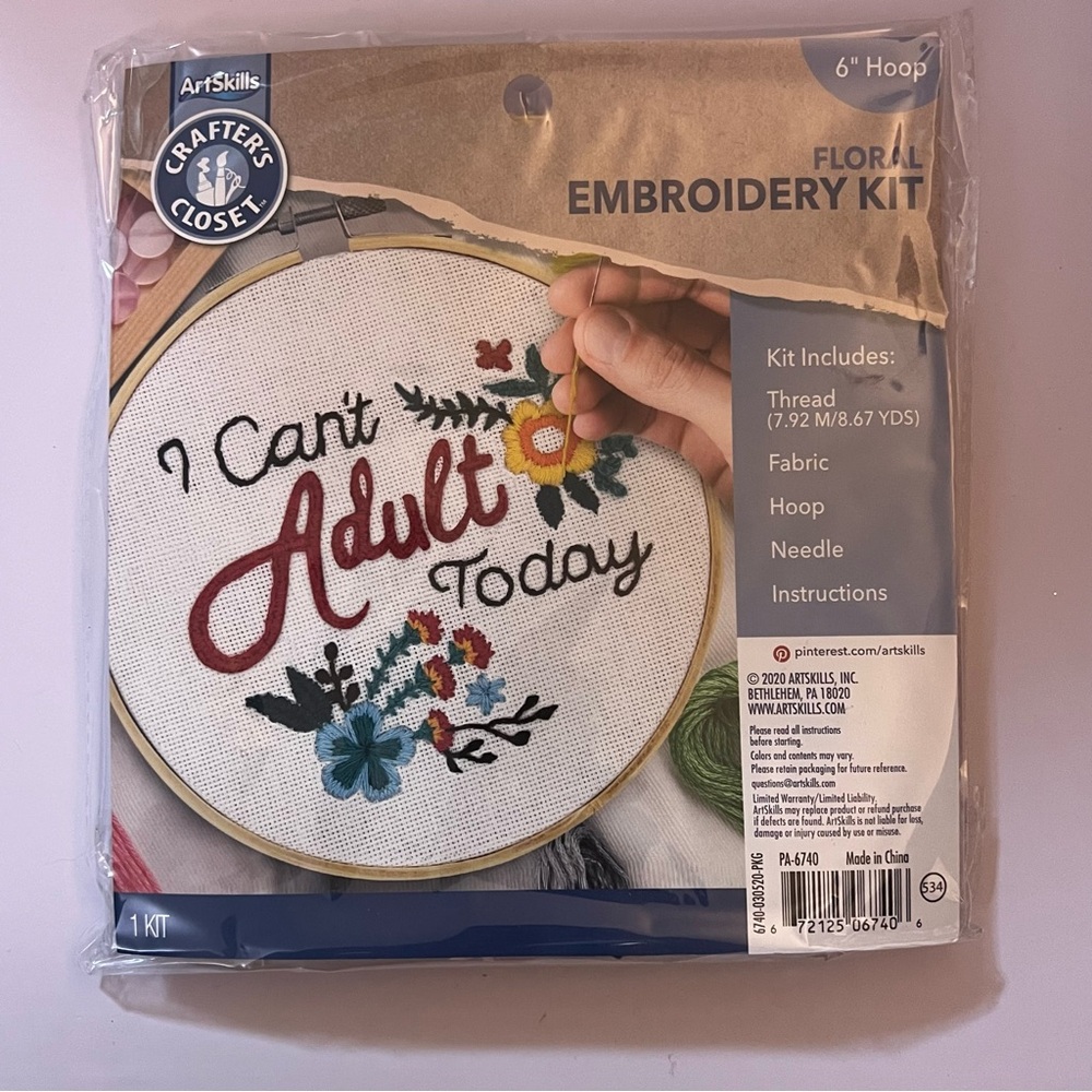 🆕Crafter’s Closet Floral Embroidery Kit – “I Can’t Adult Today” Design